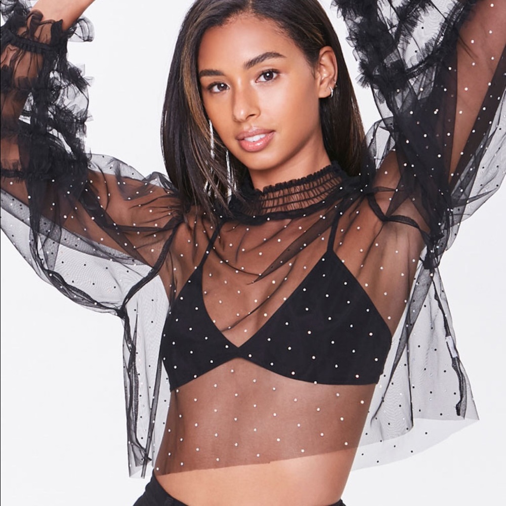 Sheer Gem Ruffled sleeve top